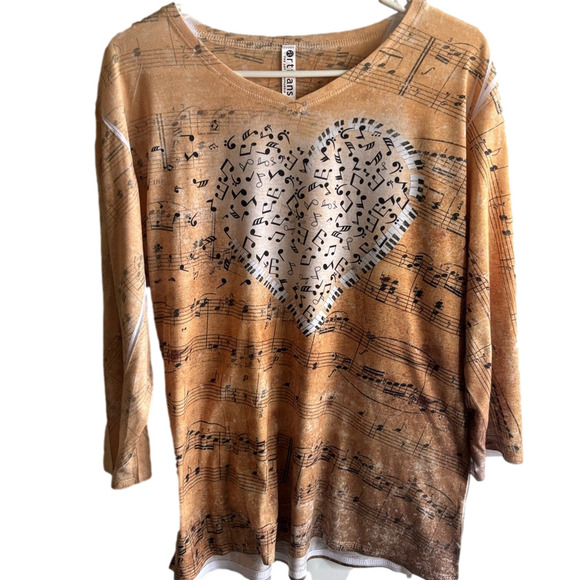 Artisan Tops - Vintage Artisan Musical Note Graphic Tee in Yellow, Gold and Black 3/4 sleeves